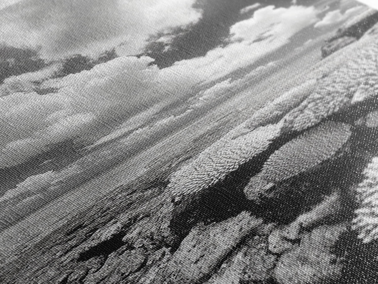 Coral Reef, Ocean Horizon, Puffy Clouds, Framed Canvas Print, Coastal Bathroom Art, Nautical Decor, Black and White Beach Style