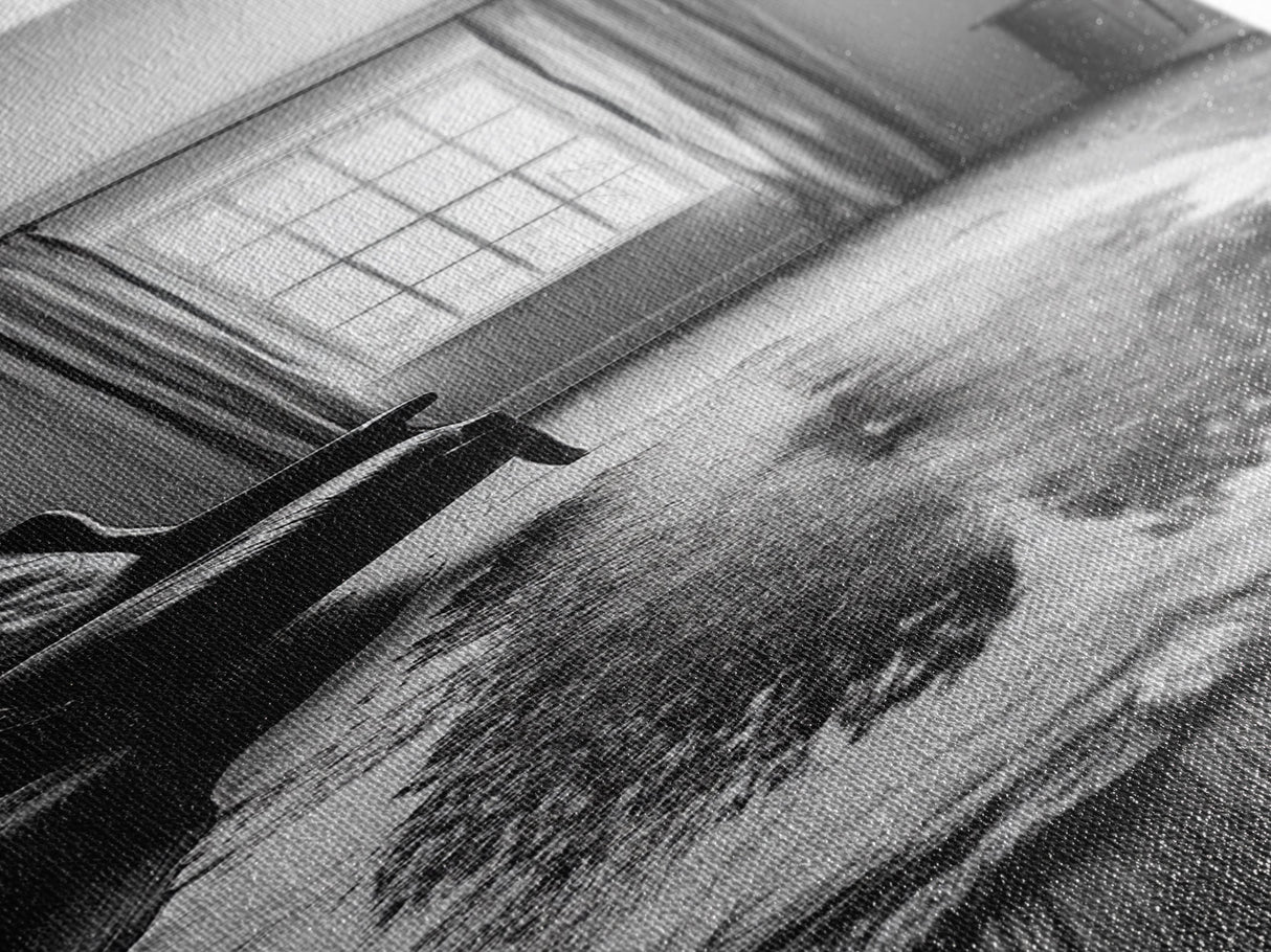 Leather Chair, Cozy Window, Cowhide Rug, Framed Canvas Print, Farmhouse Living Room Decor, Rustic Minimalist Art, Monochrome Interior