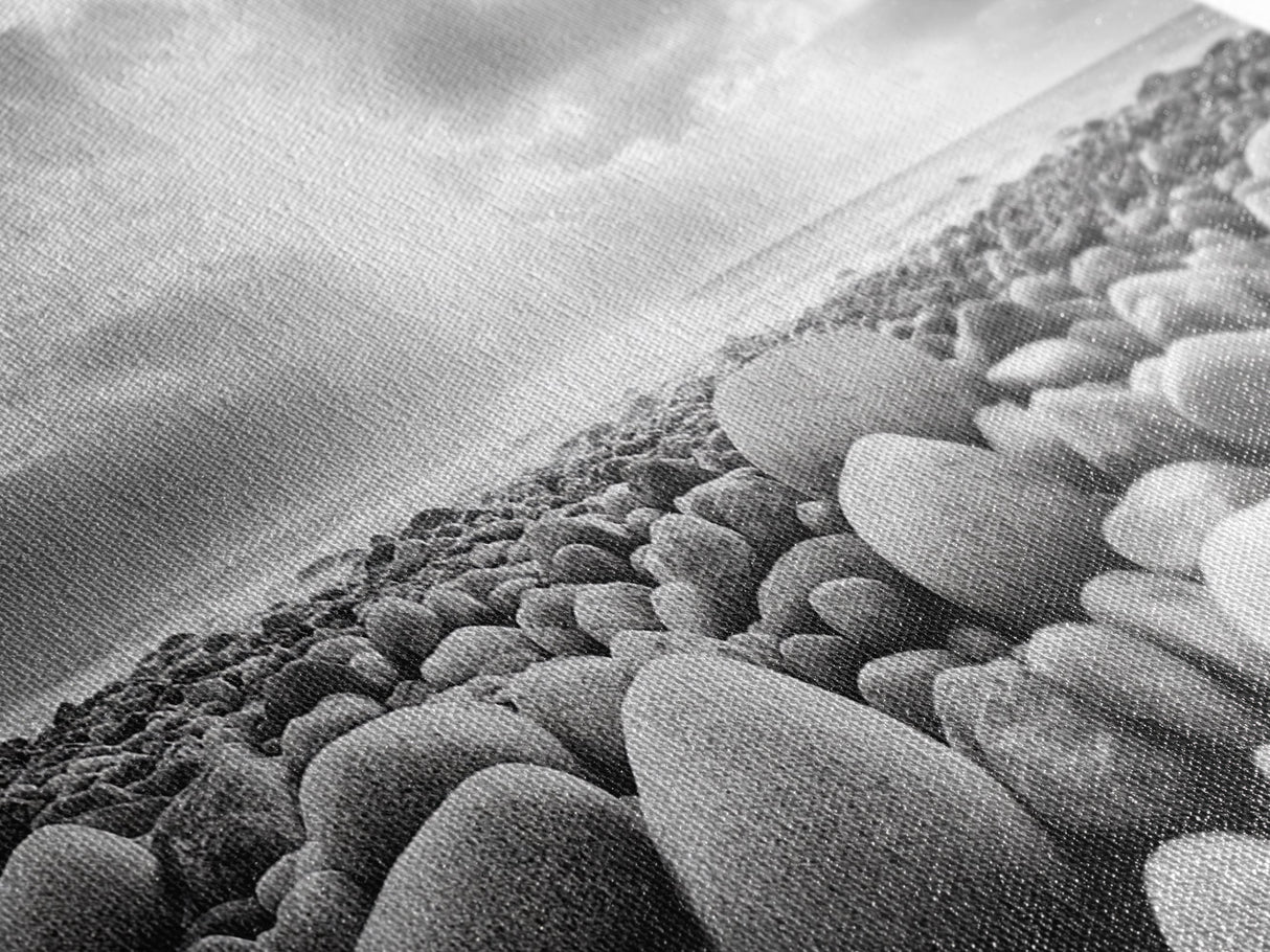 Pebble Beach Sunrise, Serene Rock Shore, Ocean Horizon Light, Framed Canvas Print, Bathroom Wall Art, Minimalist Coastal Decor