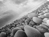 Pebble Beach Sunrise, Serene Rock Shore, Ocean Horizon Light, Framed Canvas Print, Bathroom Wall Art, Minimalist Coastal Decor