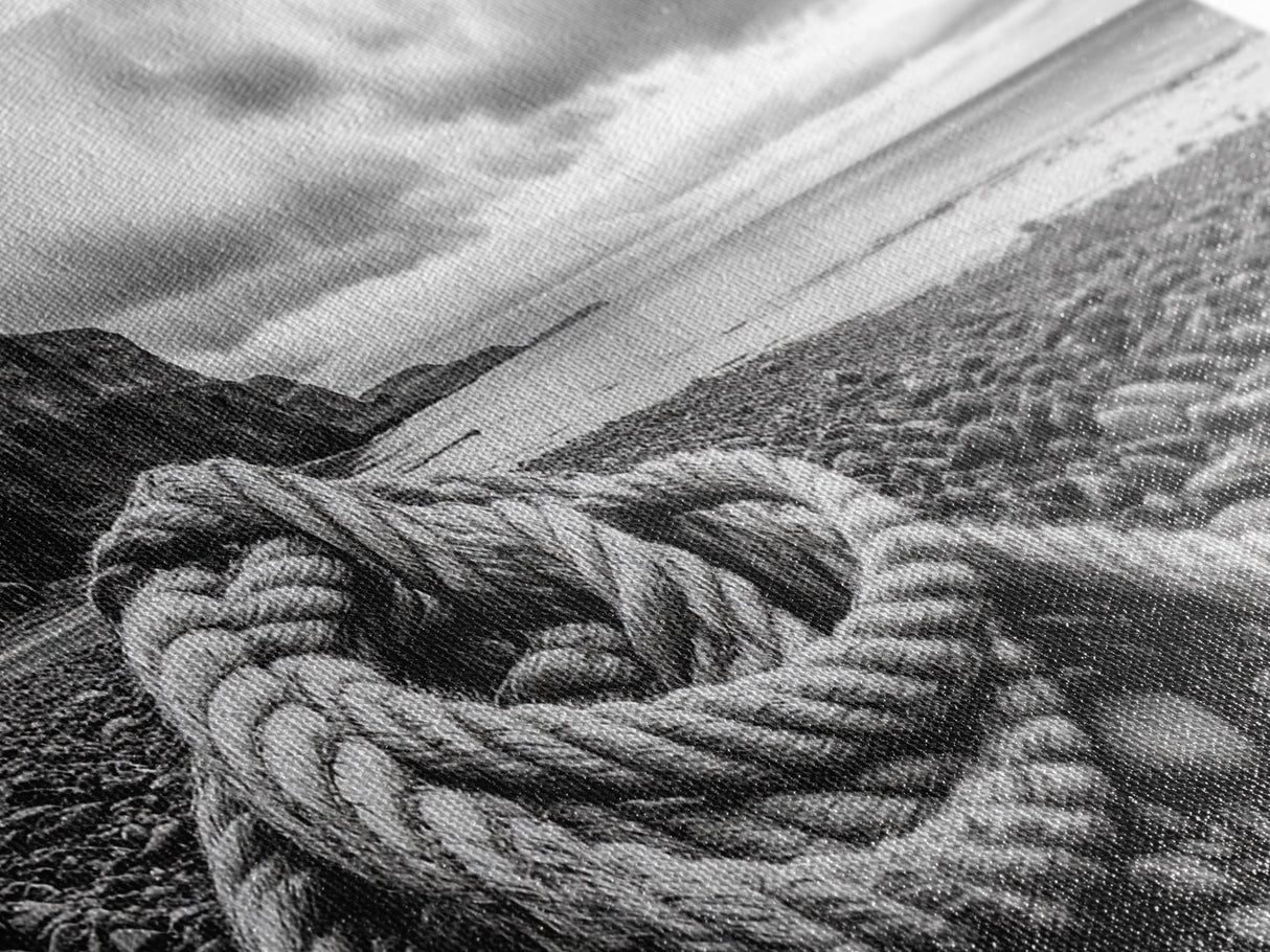 Coastal Rope, Pebble Shore, Nautical Texture, Rugged Seascape, Canvas Print, Bathroom Wall Art, Beach House Style, Moody Ocean Decor