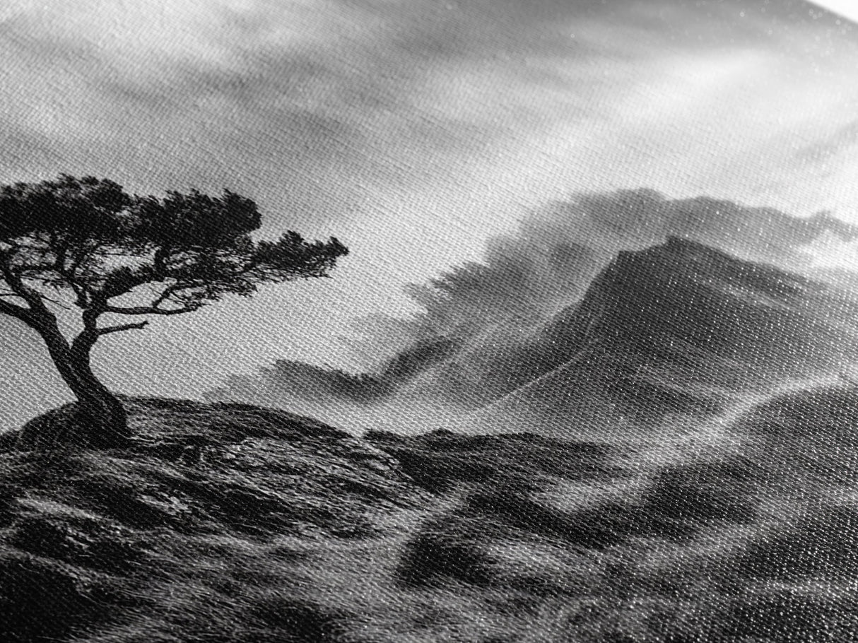 Lone Tree, Foggy Cliffs, Dramatic Landscape, Moody Sky, Framed Canvas Print, Nature Wall Art, Cabin Decor, Autumn Coastal Vibes