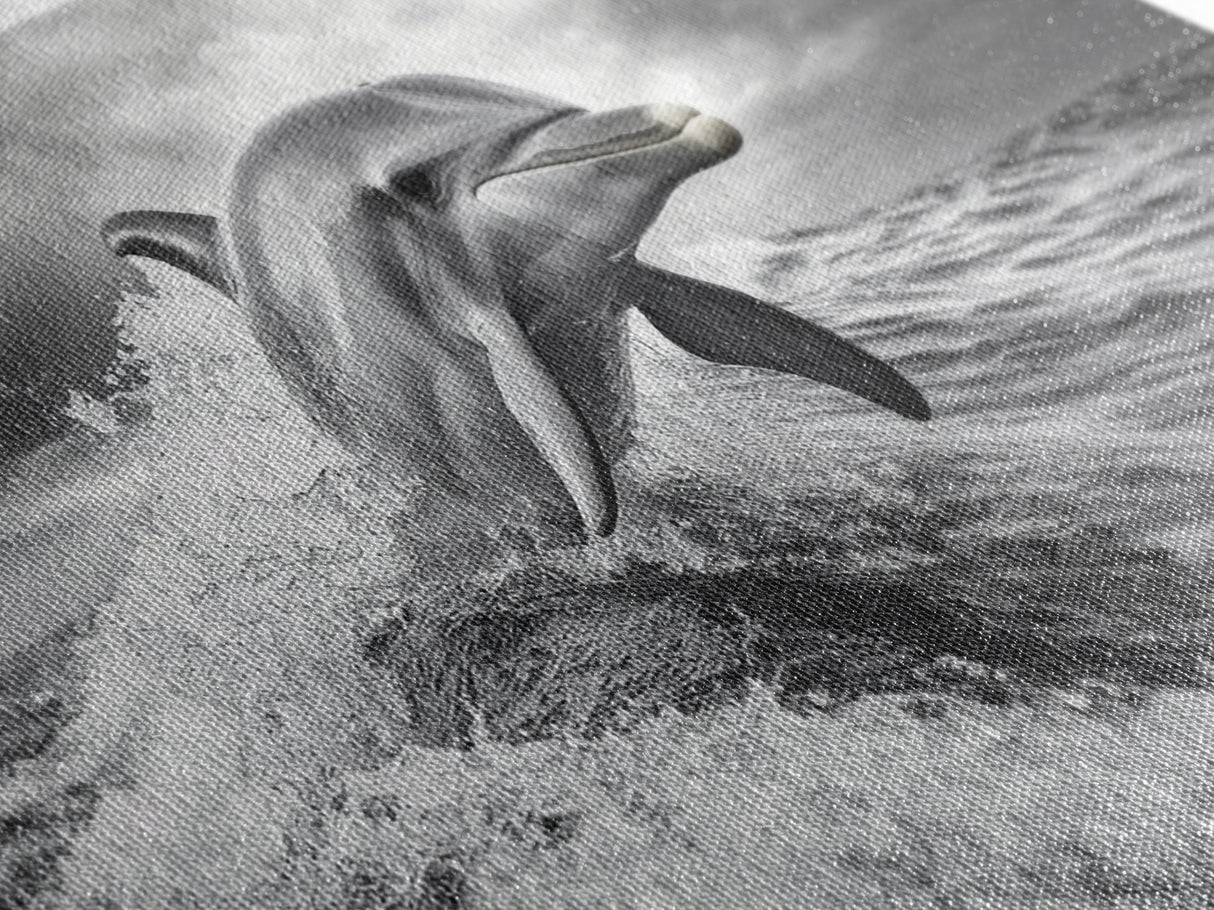 Leaping Dolphin, Ocean Life, Marine Animal, Waves Splashing, Framed Canvas Print, Coastal Kids Room Art, Beach House Decor