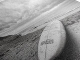 Surfboard, Coastal Shore, Serene Beach, Cloudy Sky, Framed Canvas Print, surfer room decor, rustic beach wall art, neutral home style