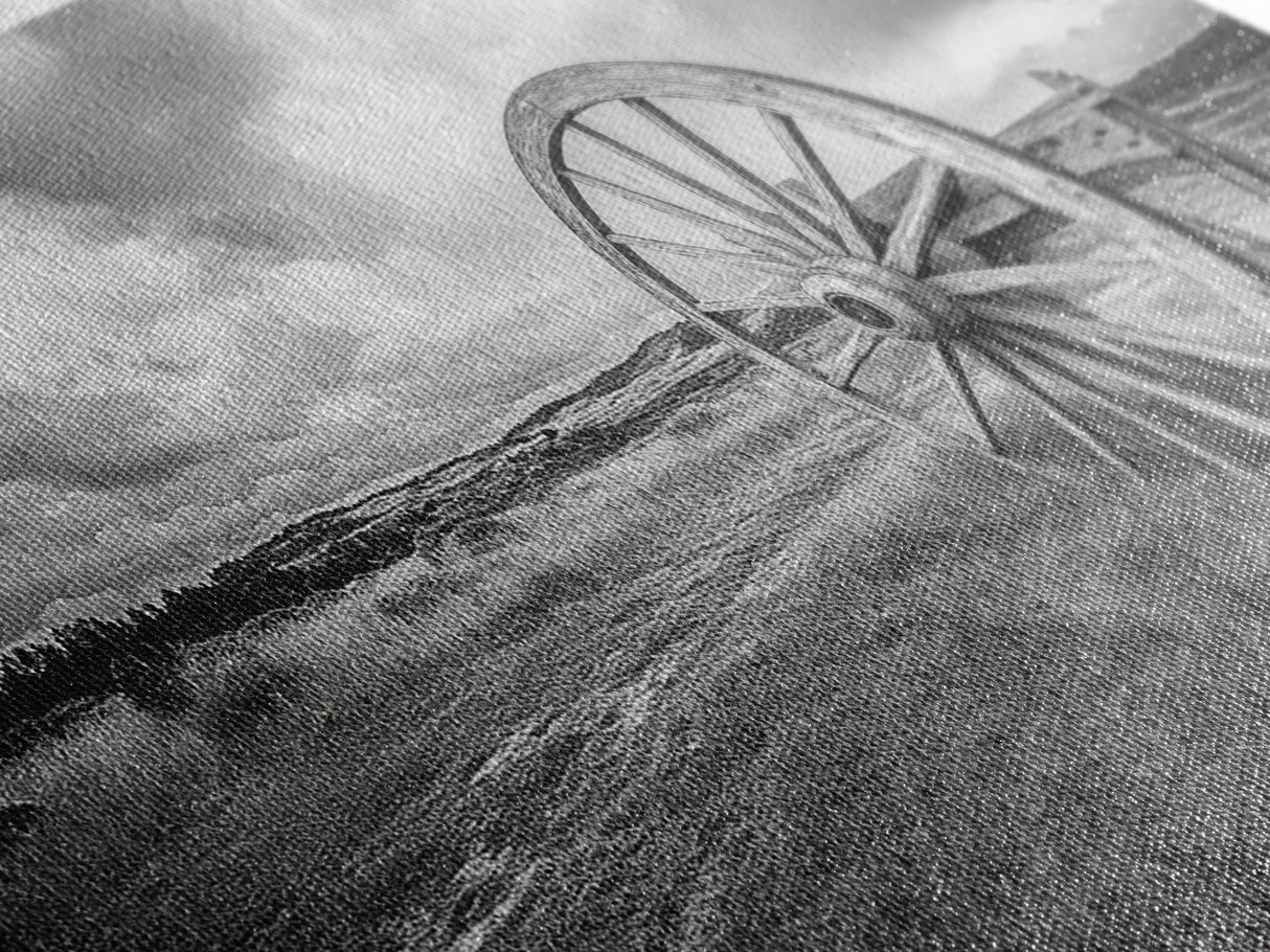 Prairie Wagon Wheel, Western Landscape, Rustic Field, Canvas Print, Country Farmhouse Wall Art, Fall Rustic Decor, Black And White Art