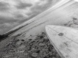Surfboard, Rocky Shore, Cloudy Sea, Coastal Adventure, Beach Aesthetic, Canvas Print, Minimalist Ocean Art, Nautical Wall Decor, Bathroom Wall Art