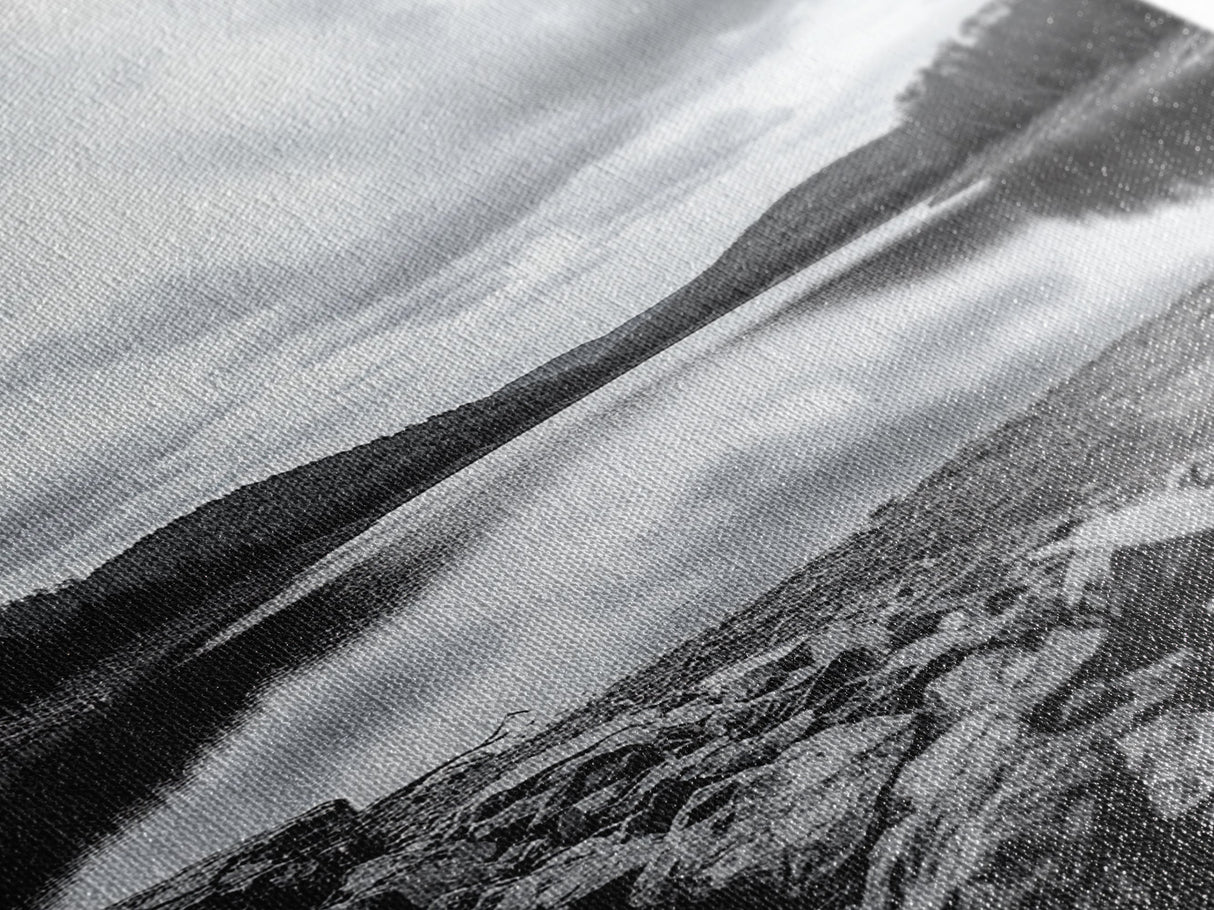 Misty Lake View, Peaceful Reflections, Nature Tranquility, Framed Canvas Print, Bedroom Wall Art, Black and White Landscape, Minimalist Art