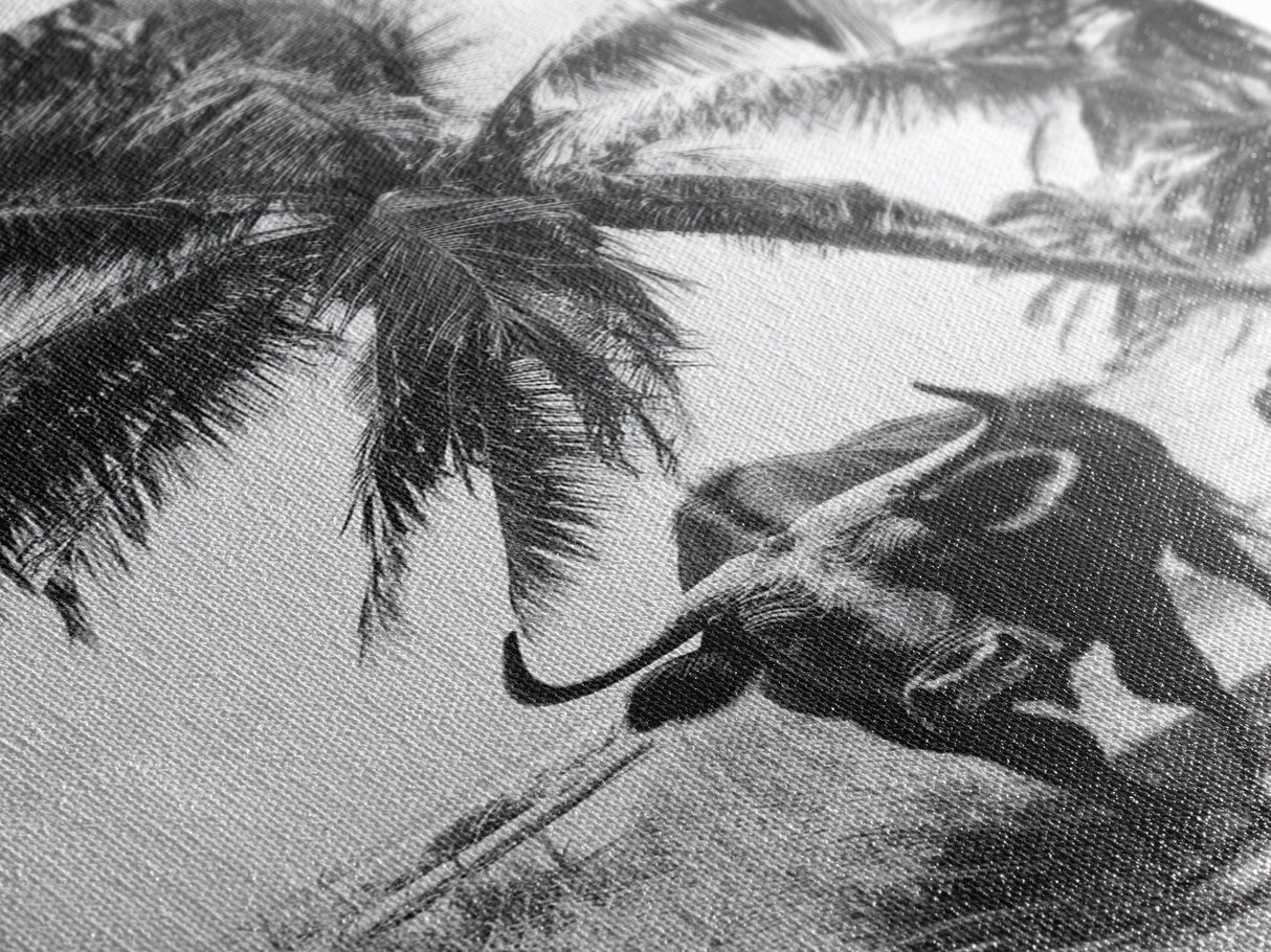 Tropical Bull, Palm Tree, Island Wildlife, Rural Photography, Framed Canvas Print, Kitchen Wall Art, Exotic Boho Decor, farmhouse decor