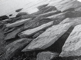 Shore Rocks, Sunlit Ocean, Rugged Texture, Minimal Horizon, Framed Canvas Print, Entryway Wall Art, Beach Decor, Neutral Tones