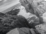 Ocean Cliff Pass, Rugged Coastal Rocks, Nature Power, Monochrome Framed Canvas Print, Moody Bathroom or Masculine Office Art