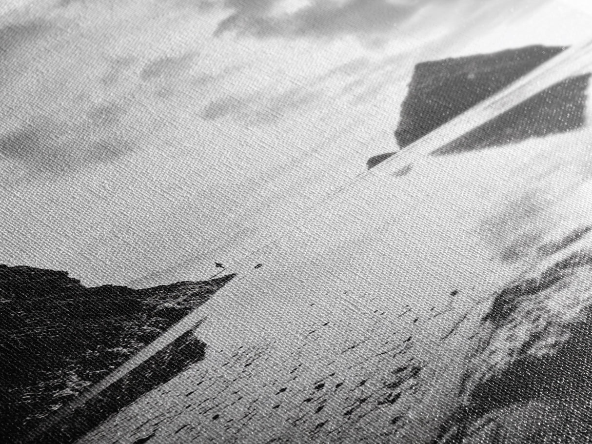 Remote beach reflection, lone hiker wanderlust, coastal rockscape, black white dreamscape, Framed Canvas Print, living room moody decor