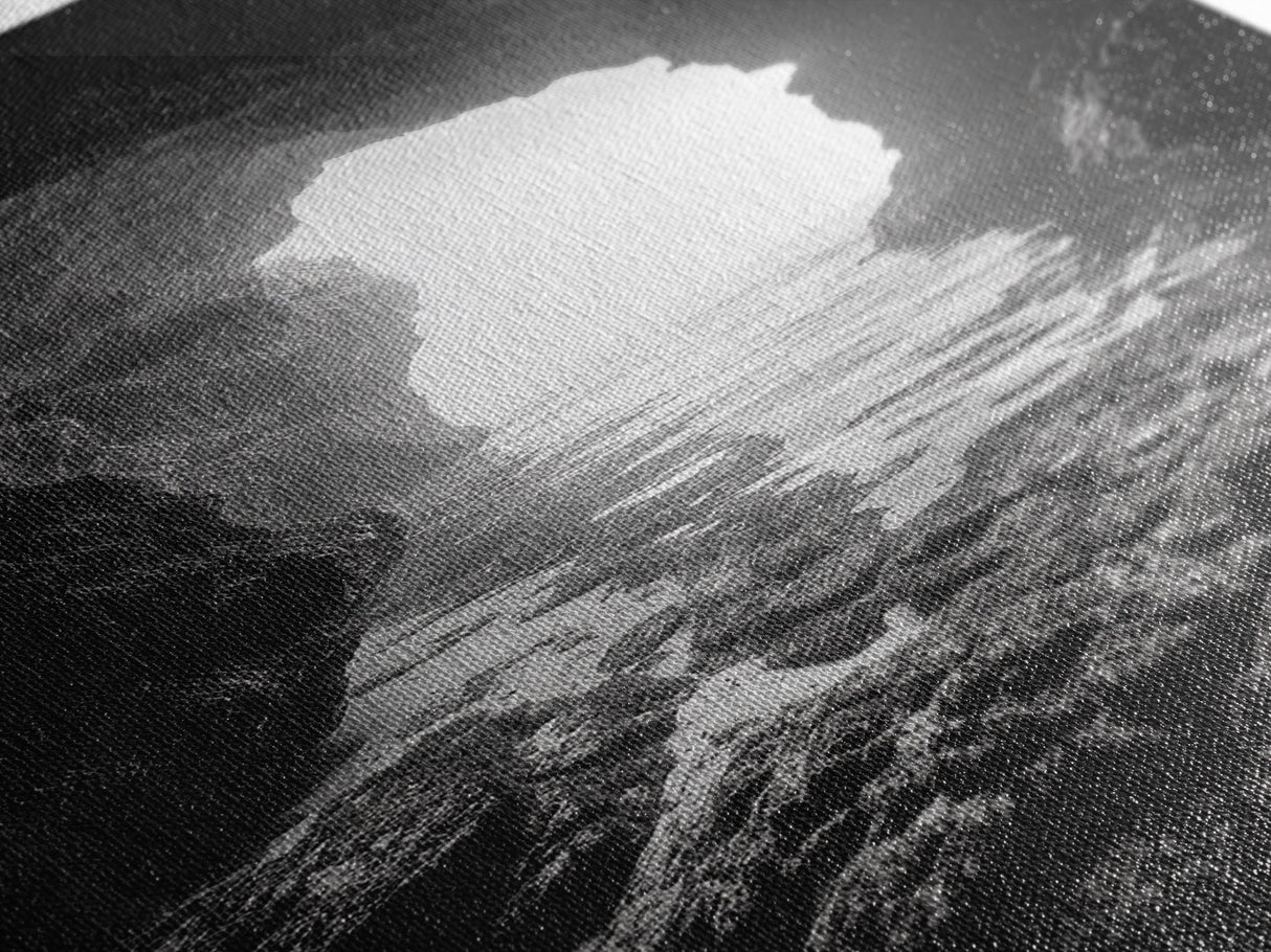 Sea Cave Entrance, Ocean Grotto, Light Escape, Rocky Tide, Canvas Print, Bathroom Wall Art, Black and White Seascape Photo