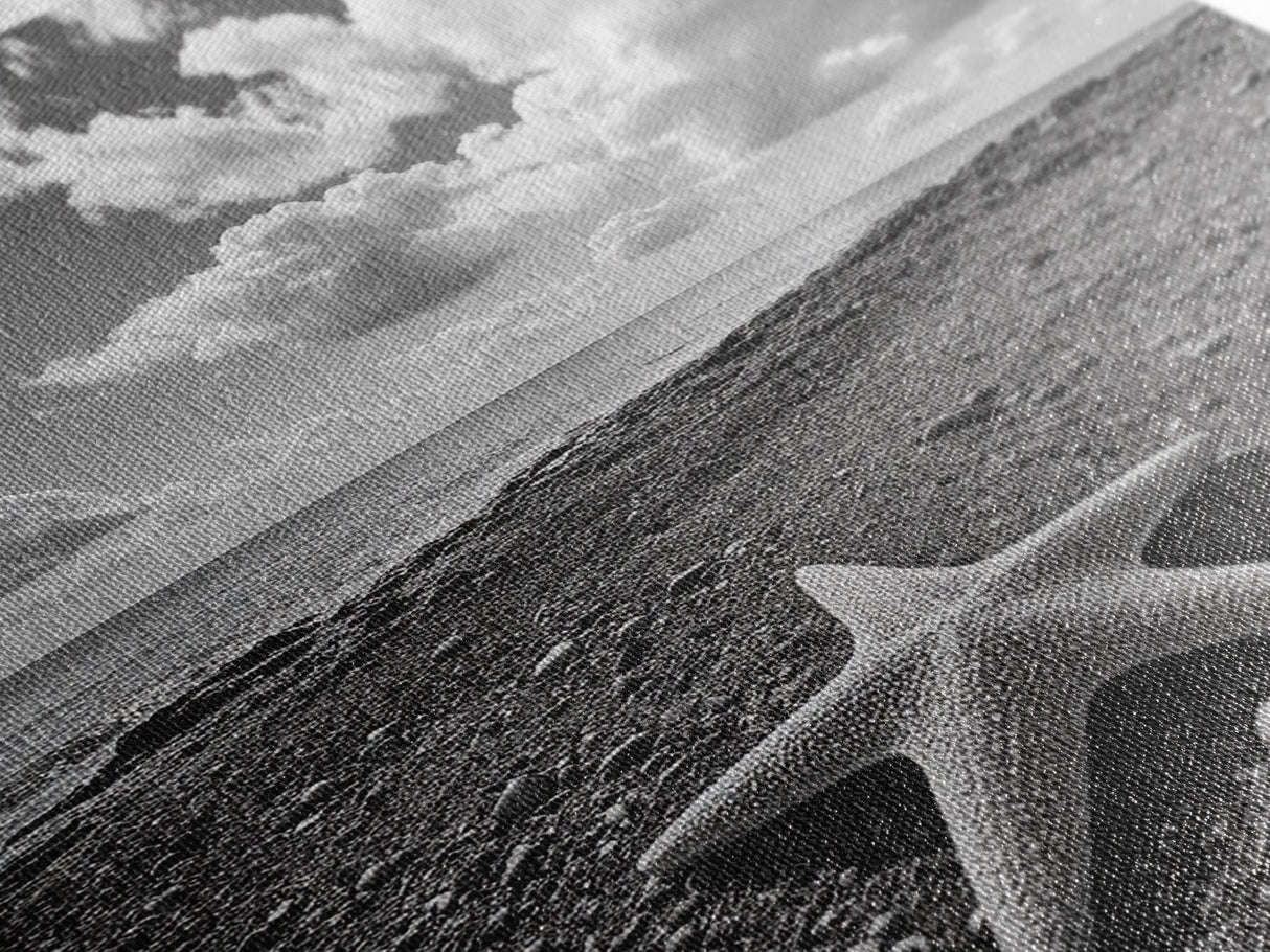 Starfish on Shore, Rocky Beach Scene, Cloudy Sky Horizon, Ocean Calm, Framed Canvas Print, Coastal Art, Bathroom Wall Decor