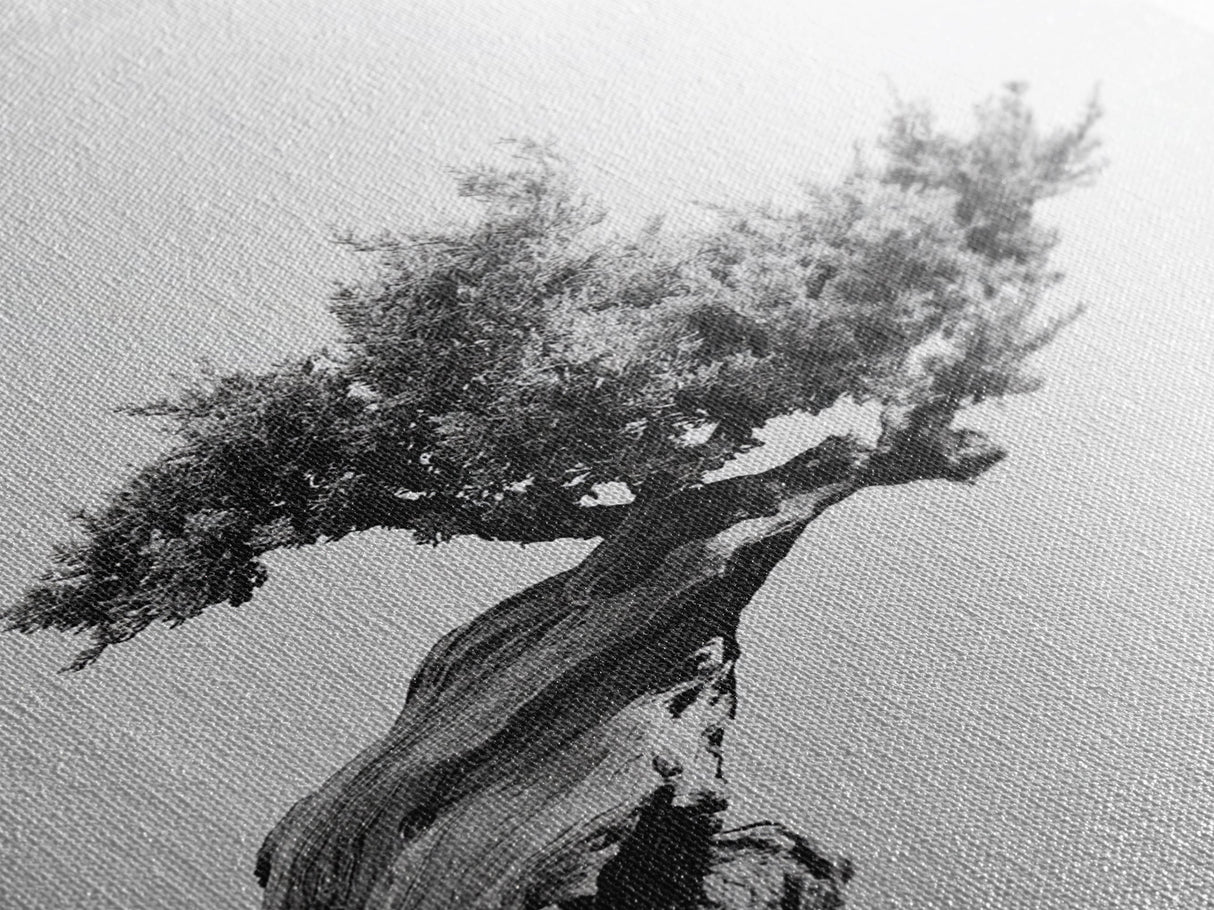 Bonsai Tree, Windswept Wood, Minimal Zen, Canvas Print, Japanese Style Art, Wabi Sabi Decor, Monochrome Botanical Wall Accent