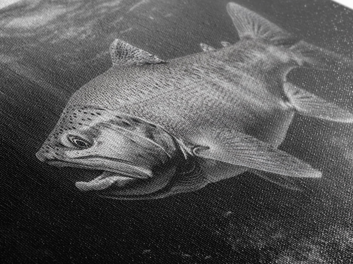 Underwater Fish, Lake Trout, Black and White Ocean, Framed Canvas Print, Coastal Bathroom Art, Fisherman Gift, Nautical Wall Decor