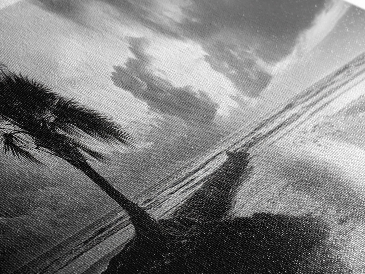 Solitary Palm Tree, Ocean Storm, Moody Landscape, Beach Wall Decor, Framed Canvas Print, Coastal Living Room Art, Monochrome Photography