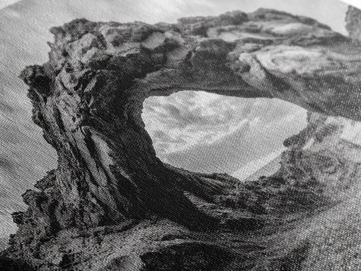 Rock Arch Landscape, Desert Formations, Dramatic Sky, Framed Canvas Print, Living Room Wall Art, Nature Inspired Decor, Monochrome Vibe