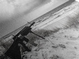 Rifle Seaside Scene, Tactical Still Life, Stormy Beach Mood, Canvas Print, Industrial Wall Art, Dramatic Photography, Masculine Decor