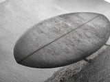 Surfboard Alone, Beach Sand, Cloudy Sky, Framed Canvas Print, minimalist surf art, coastal man cave decor, surf lover gift idea