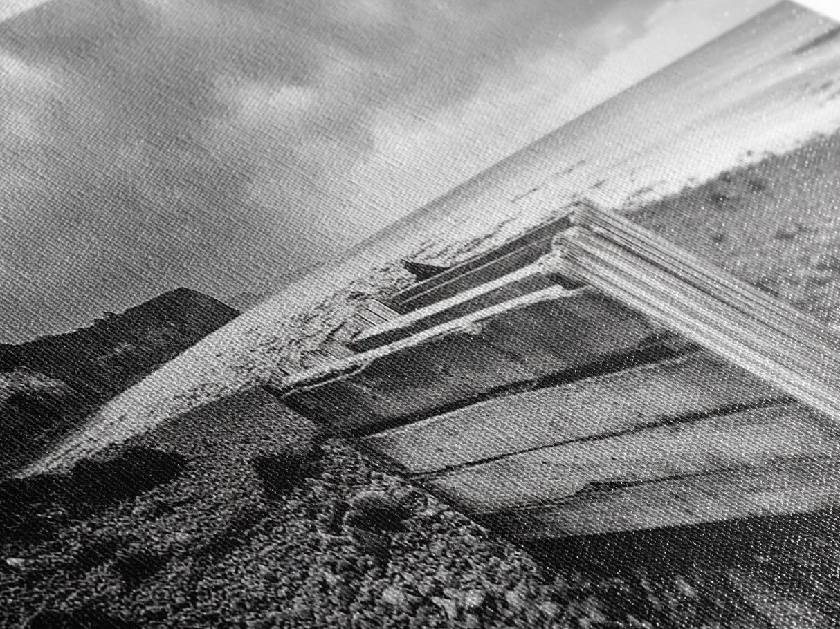 Rocky Beach, Driftwood Crate, Stormy Sky Seascape, Framed Canvas Print, Coastal Rustic Decor, Bathroom Wall Art, Monochrome Style