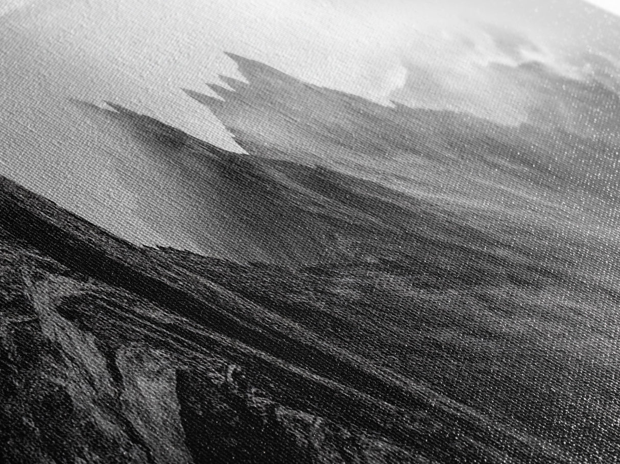 Jagged Peaks, Foggy Mountains, Dramatic Range, Canvas Print, Monochrome Wilderness Art, Office or Cabin Wall Decor, Adventure Style