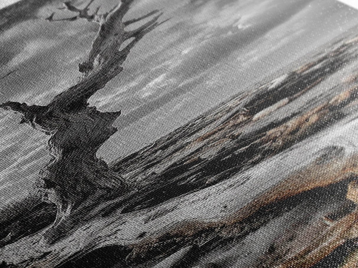Weathered Tree, Coastal Roots, Dramatic Sky, Natural Form – Canvas Print, Living Room Wall Art, Monochrome Photography, Driftwood Decor