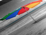 Rainbow Umbrella, Sandy Beach, Summer Sky, Framed Canvas Print, Coastal Bathroom Art, Vibrant Beach Decor, Modern Tropical Style