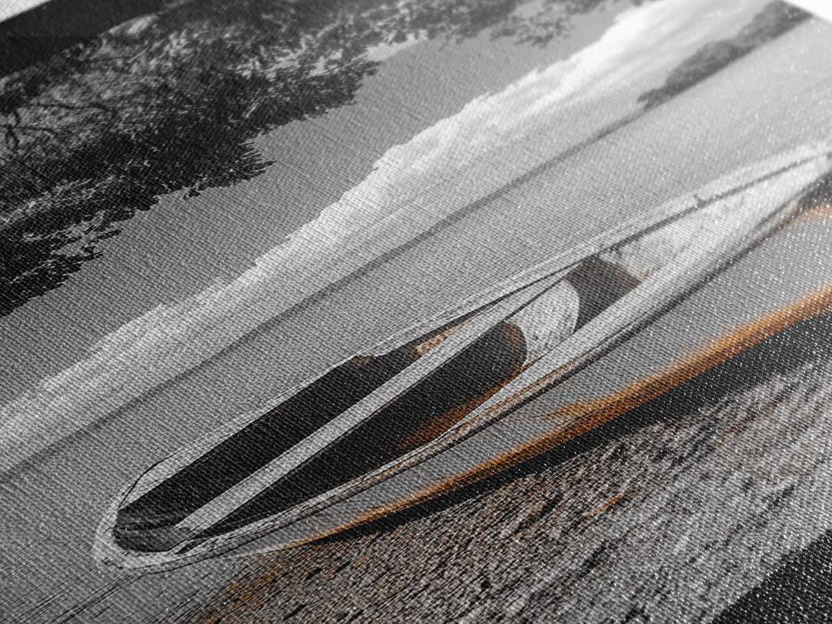 Rustic Rowboat, Tranquil Shore, Coastal Serenity, Vintage Lake Style, Canvas Print, Living Room Wall Art, Monochrome Nature Photography