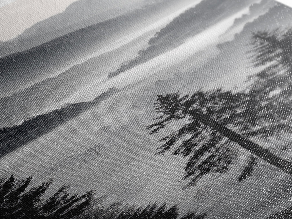 Foggy Mountains, Pine Forest, Valley Mist, Calm Landscape, Canvas Print, entryway wall art, cozy cabin vibes, grayscale art style