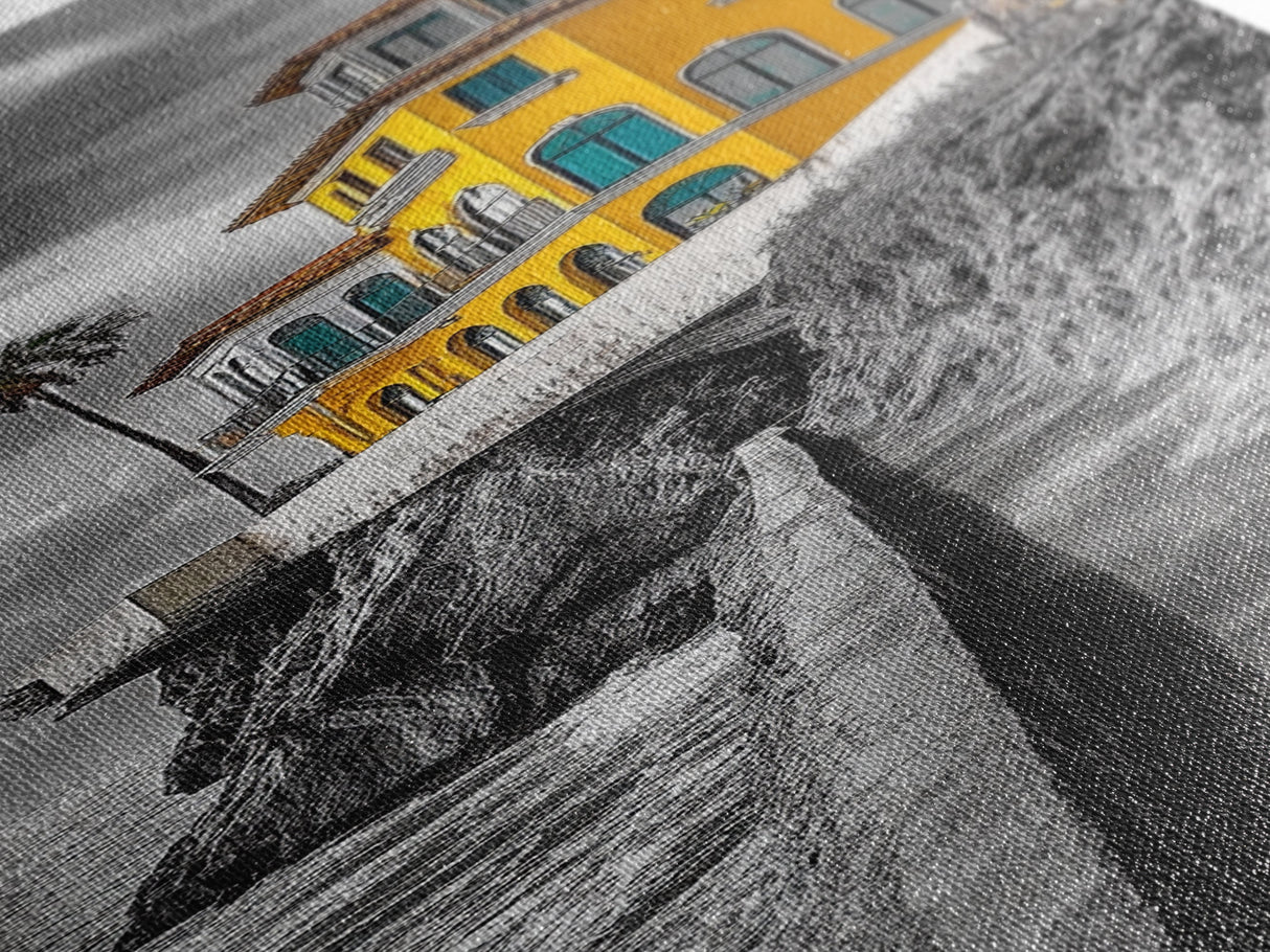 Yellow Villa, Coastal House, Mediterranean Escape, Bold Architecture, Canvas Print, Kitchen Wall Art, Modern Coastal Decor, Travel Photography