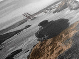 Golden Gate, Solitude View, Man on Cliff, Iconic Bridge, Framed Canvas Print, Travel Wall Art, Office Inspiration, Moody Coastal Decor