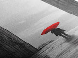 Red Umbrella, Rainy Day, Urban Silhouette, Framed Canvas Print, Minimalist Wall Art, Modern Entryway Decor, Monochrome Mood