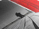 Man Silhouette, Red Wall, Boardwalk Contrast, Minimal Scene, Framed Canvas Print, Urban Wall Art, Modern Decor, Office Accent Piece