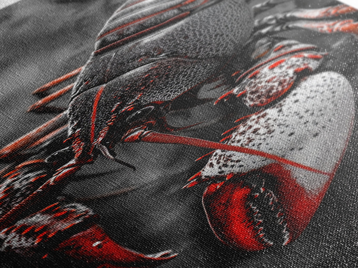 Red Lobster, Detailed Sea Art, Macro Crustacean, Dark Marine Art, Striking Coastal Piece, Framed Canvas Print, Moody Office Wall Decor