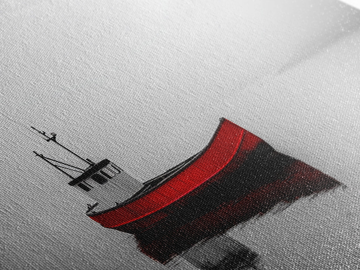 Red Boat, Calm Water, Minimalist Decor, Ocean Scene, Living Room Wall Art, Coastal Style, Canvas Print, Modern Nautical, Serene Landscape