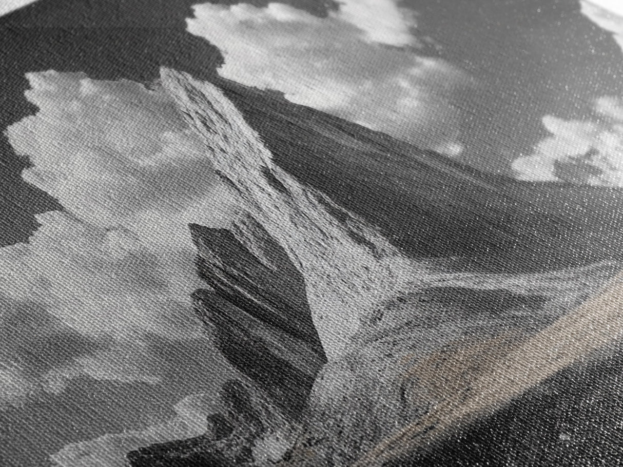 Dramatic Peak, Cloudy Sky, Monochrome Nature, Canvas Print, Minimalist Mountain Wall Art, Office Decor, Black White Landscape
