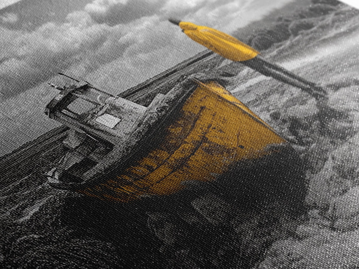 Yellow Boat, Lonely Man, Moody Shore, Framed Canvas Print, Coastal Wall Art, Nautical Decor, Masculine Home Office Style