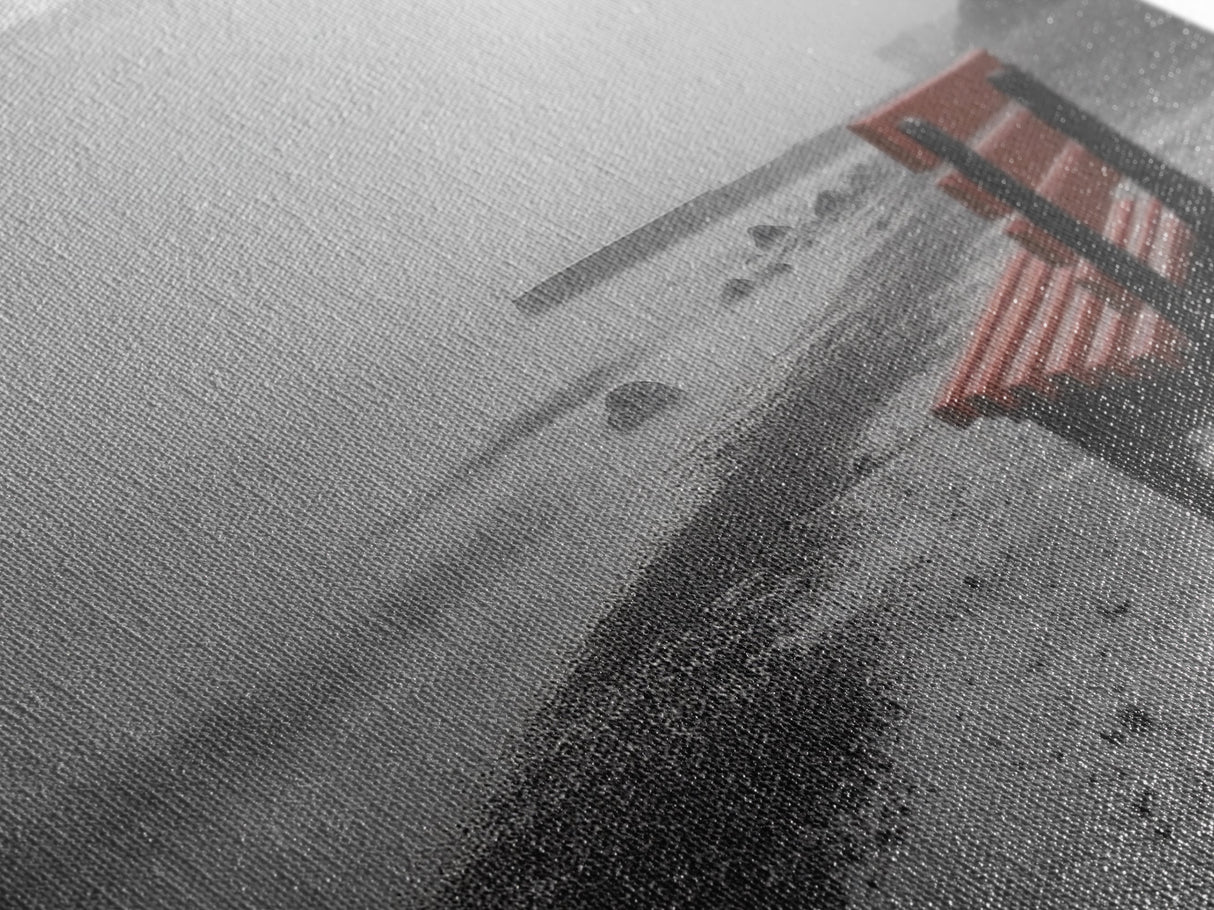Red Bench Fog, Moody Coastal Morning, Framed Canvas Print, Minimalist Beach Wall Art, Modern Entryway Decor, Black and White Vibes