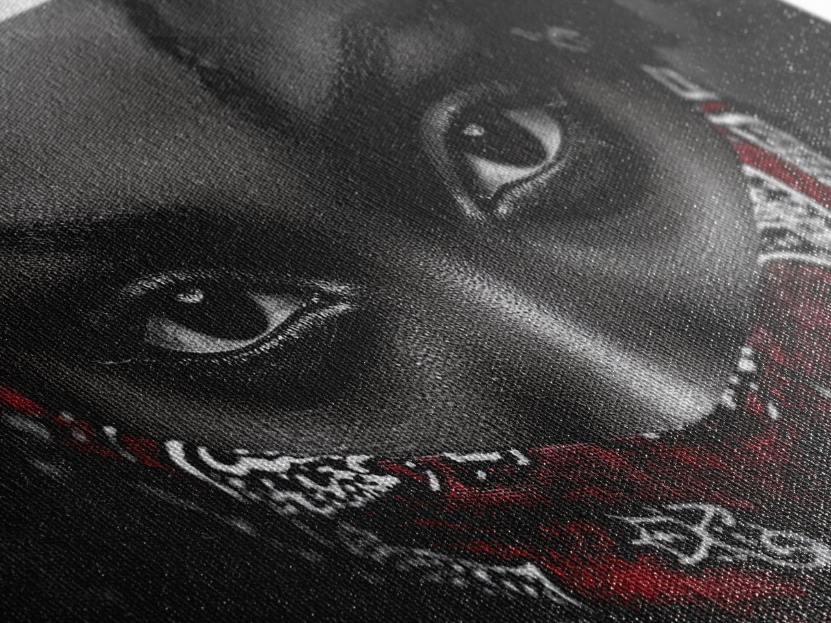 Fierce Eyes, Red Bandana, Bold Portrait, Afro Art, Framed Canvas Print, Bedroom Wall Art, Powerful Gaze, Monochrome With Red Accent