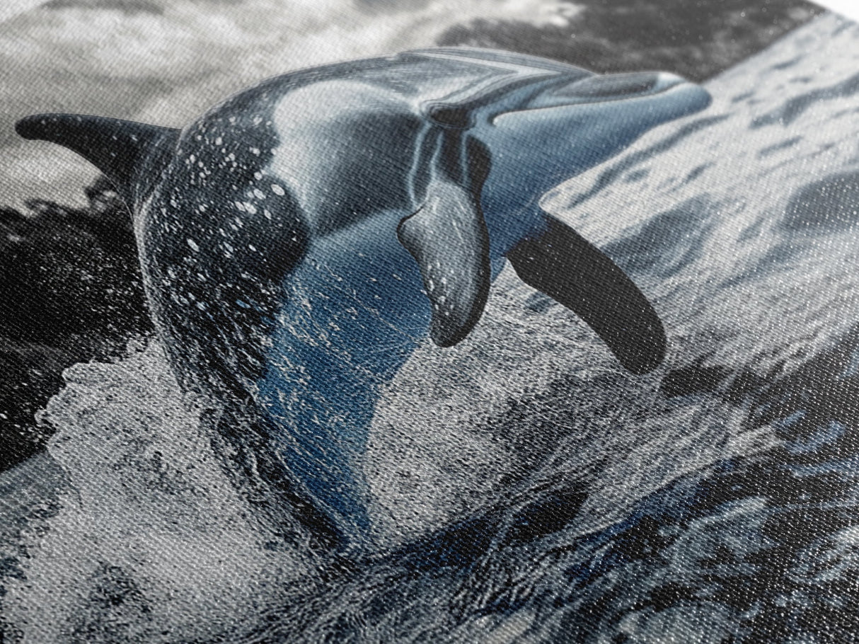 Jumping Dolphin, Ocean Splash, Monochrome Water, Framed Canvas Print, Coastal Wall Art, Bathroom Nautical Decor, Marine Life Photography
