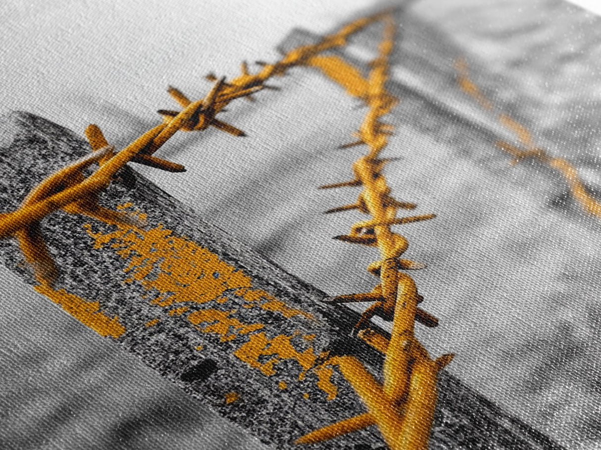 Yellow Fence Wire, Rustic Barbed Wire, Country Fence, Framed Canvas Print, Farmhouse Wall Art, Minimalist Rustic Home Decor