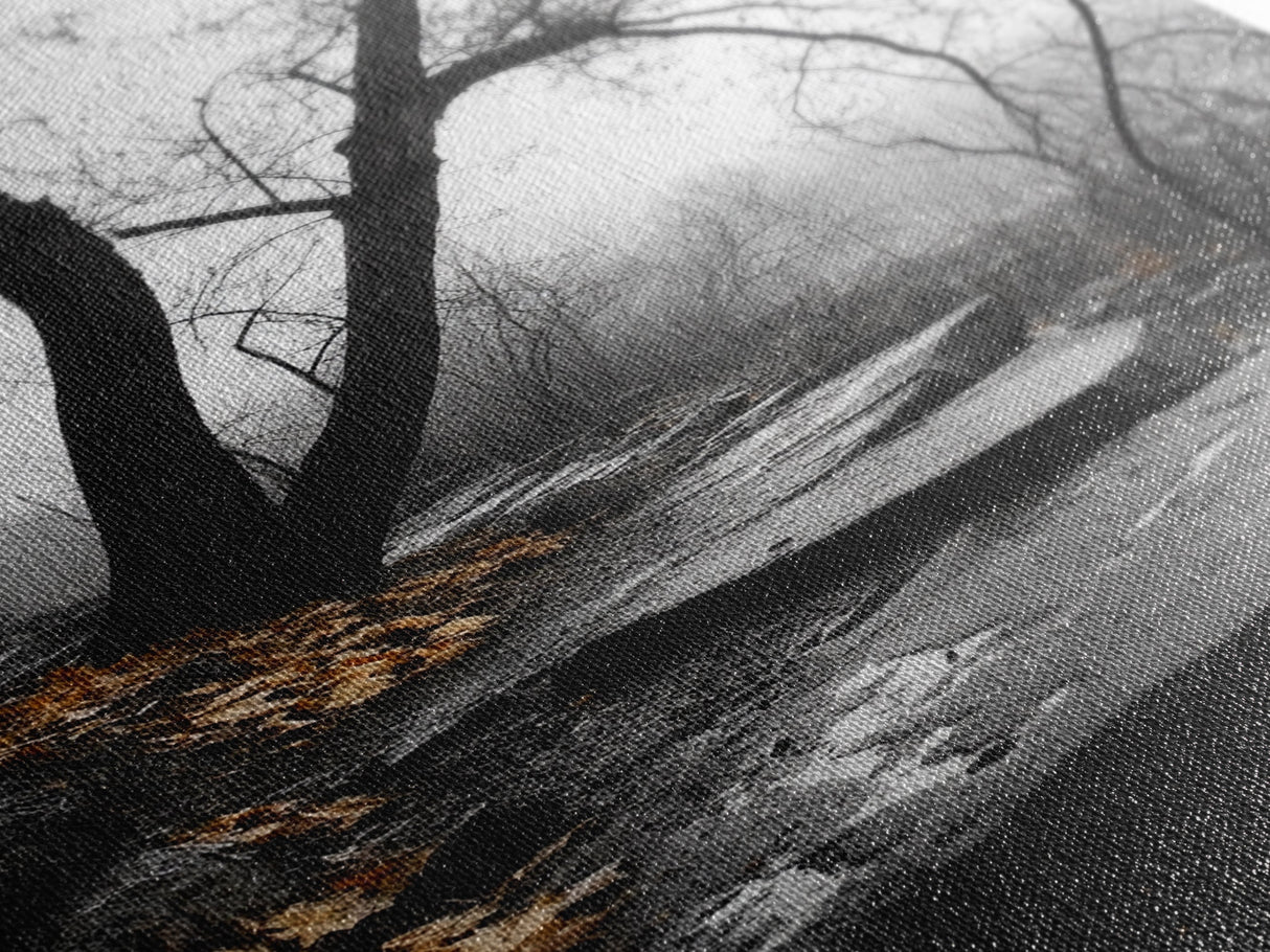 Stone Path, Autumn Trail, Moody Forest, Yellow Leaves, Canvas Print, Fall Nature Wall Art, Rustic Entryway Decor, Misty Woodland Scene