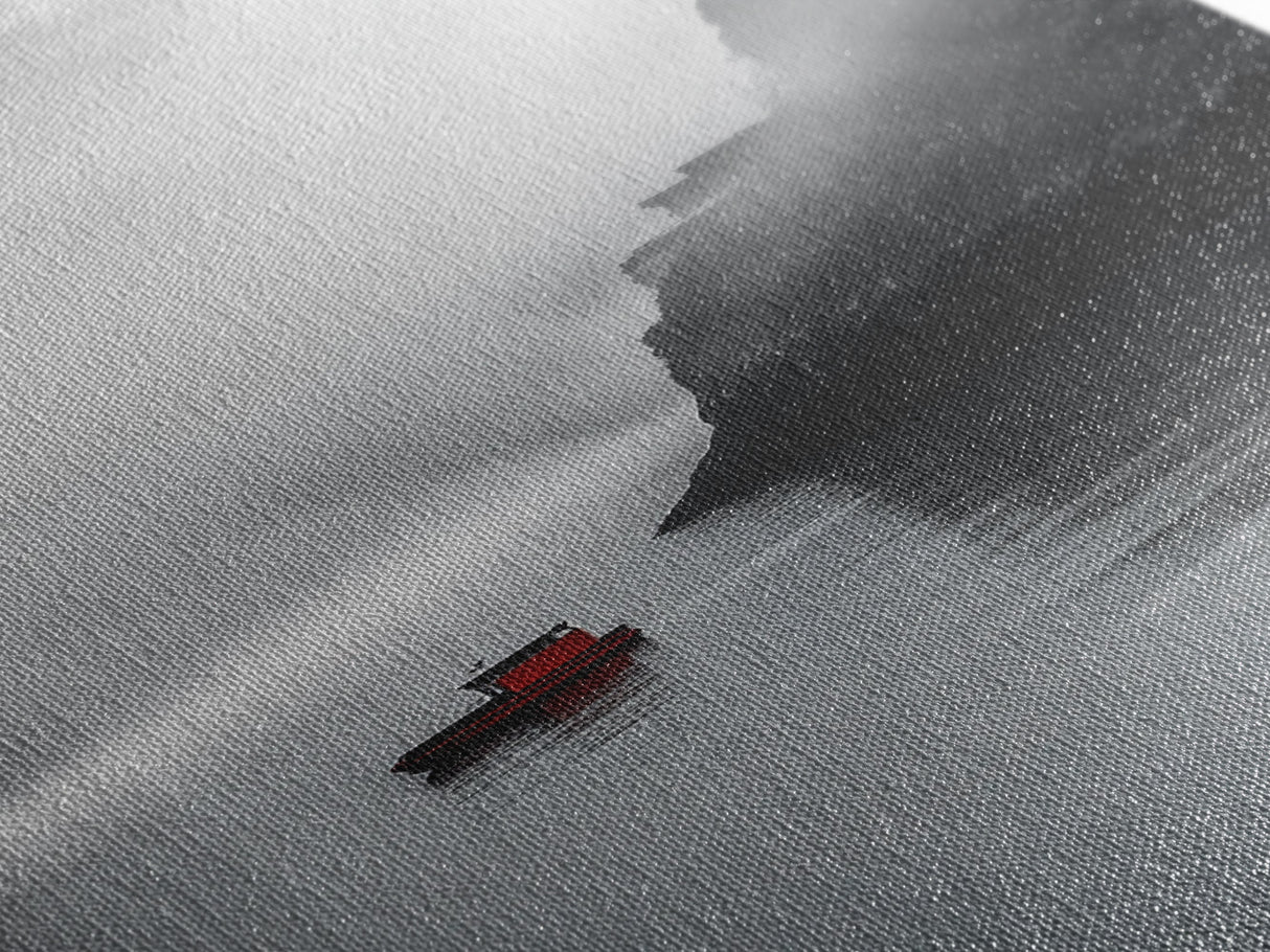 Red Boat, Foggy Coast, Seaside Cliff, Misty Water, Canvas Print, Moody Nautical Wall Art, Minimalist Ocean Decor, Scandinavian Style Art