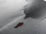 Red Boat, Foggy Coast, Seaside Cliff, Misty Water, Canvas Print, Moody Nautical Wall Art, Minimalist Ocean Decor, Scandinavian Style Art