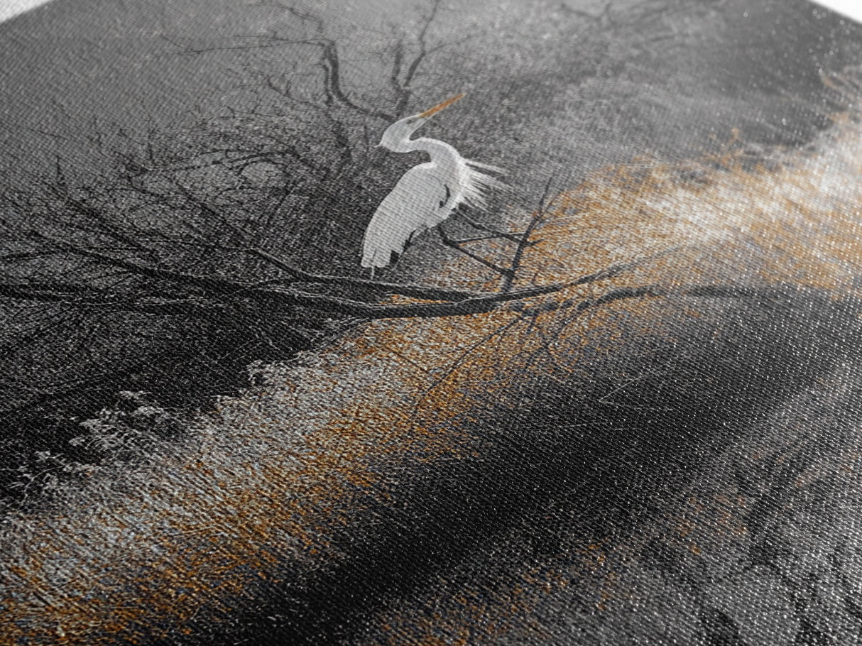 Egret Bird Scene, Autumn Riverbank, Wildlife Nature Print, Moody Wetland Landscape, Framed Canvas Print, Rustic Living Room Wall Art