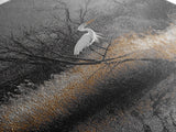 Egret Bird Scene, Autumn Riverbank, Wildlife Nature Print, Moody Wetland Landscape, Framed Canvas Print, Rustic Living Room Wall Art