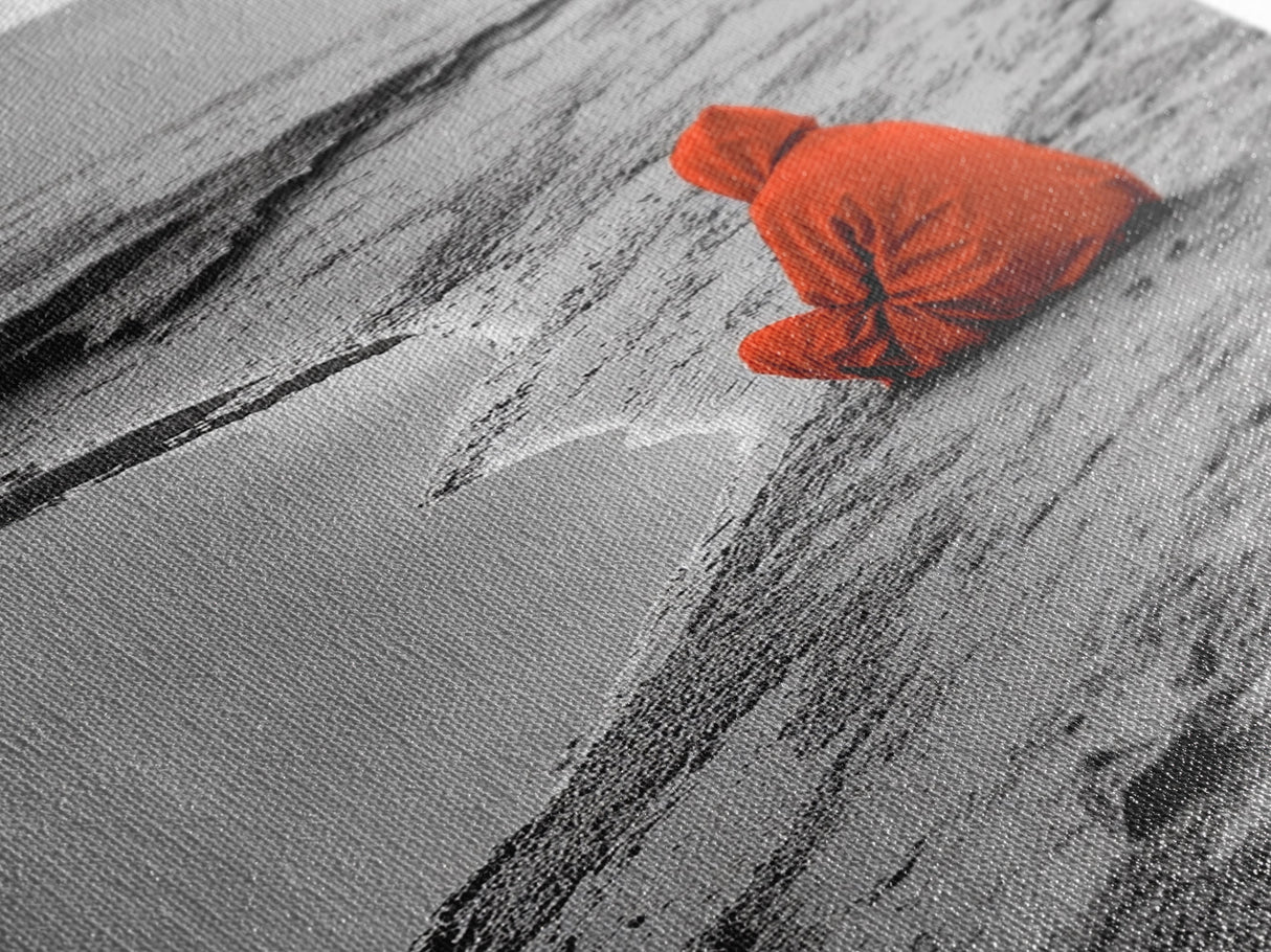 Red Cloaked Solitude, Minimalist Seashore, Peaceful Hooded Figure, Framed Canvas Print, Meditation Room Art, Surreal Photography