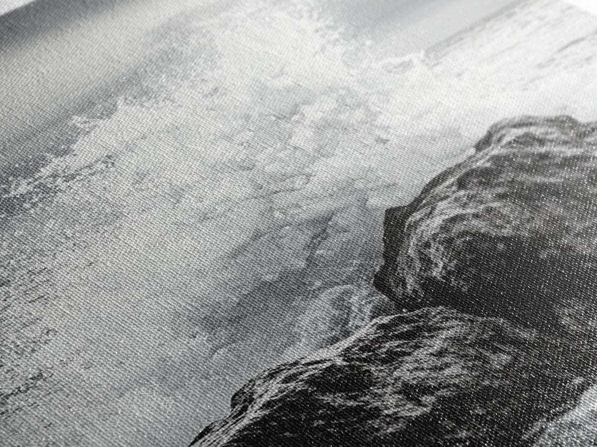 Ocean Splash, Rocky Coast, Dramatic Seascape, Monochrome Power, Framed Canvas Print, Coastal Wall Art, Entryway or Office Decor