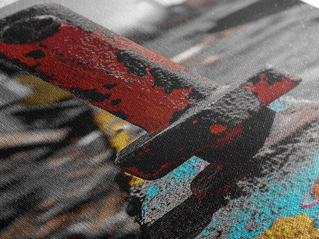 Red Peg, Graffiti Steel, Urban Rust Texture, Canvas Print, Industrial Wall Art, Modern Loft Decor, Urban Decay Photography
