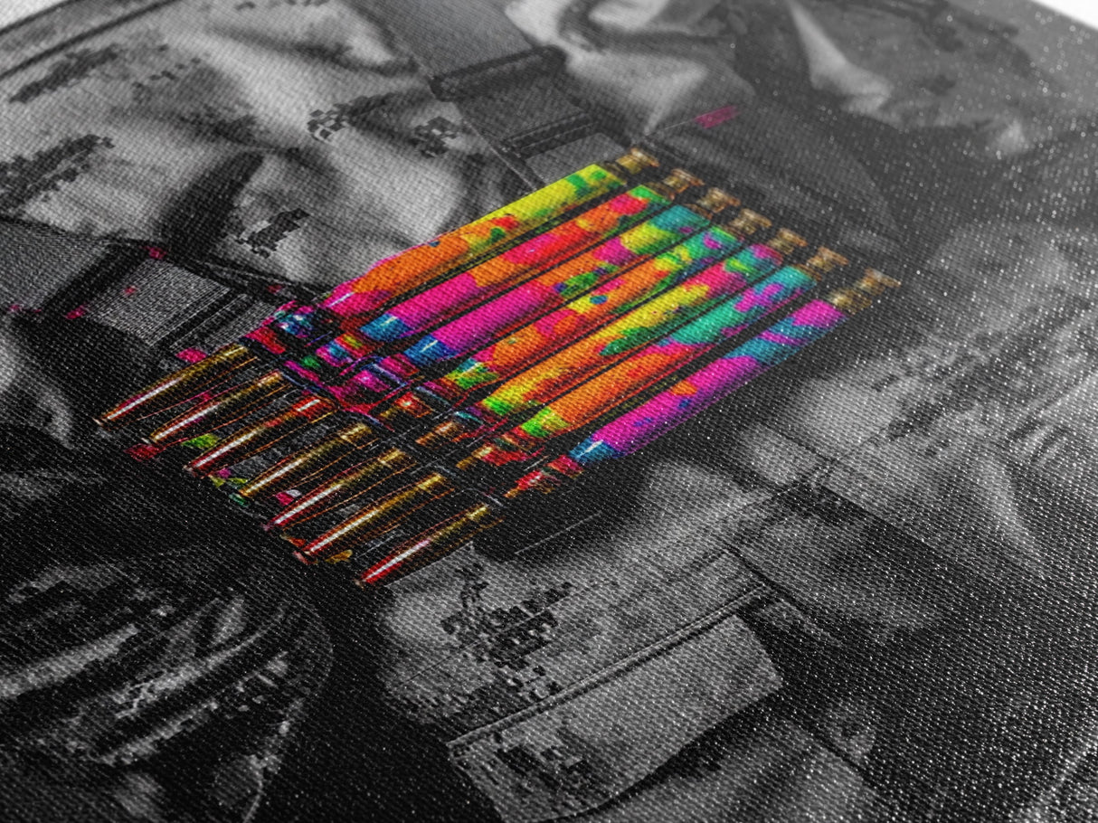 Colorful Ammo Art, Bold Bullets, Neon War, Framed Canvas Print, Urban Wall Art, Edgy Decor, Man Cave Accent, Pop Art Style
